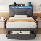 Frames with Storage Headboard, Upholstered Twin Size Bed Frame with Drawers, Charging Station and LED