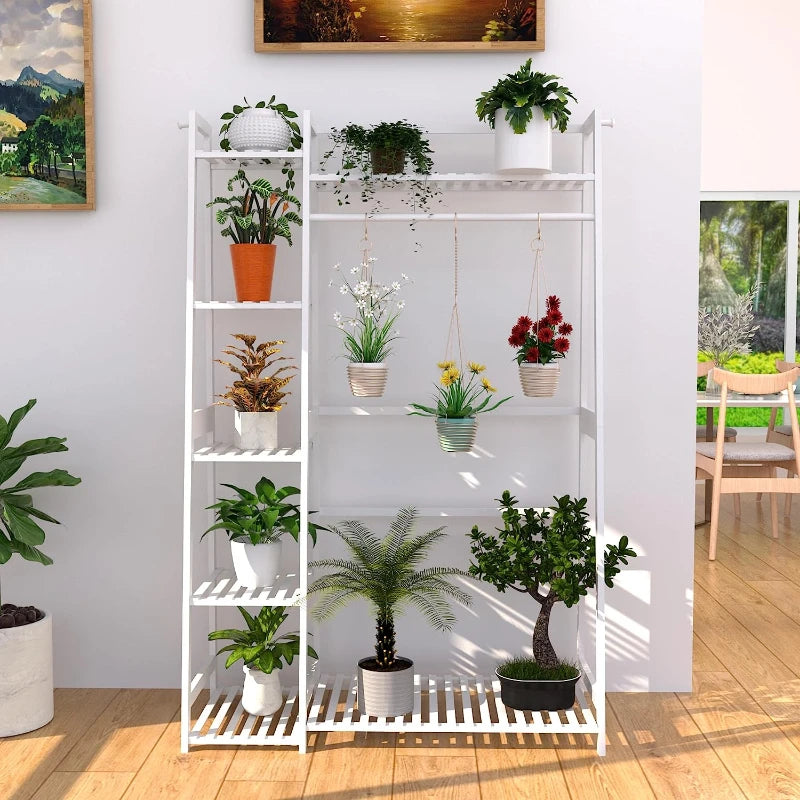 Bamboo Garment Rack with Shelves, Clothing Rack for Hanging Clothes, Freestanding Closet Organizer for Living Room Bedroom