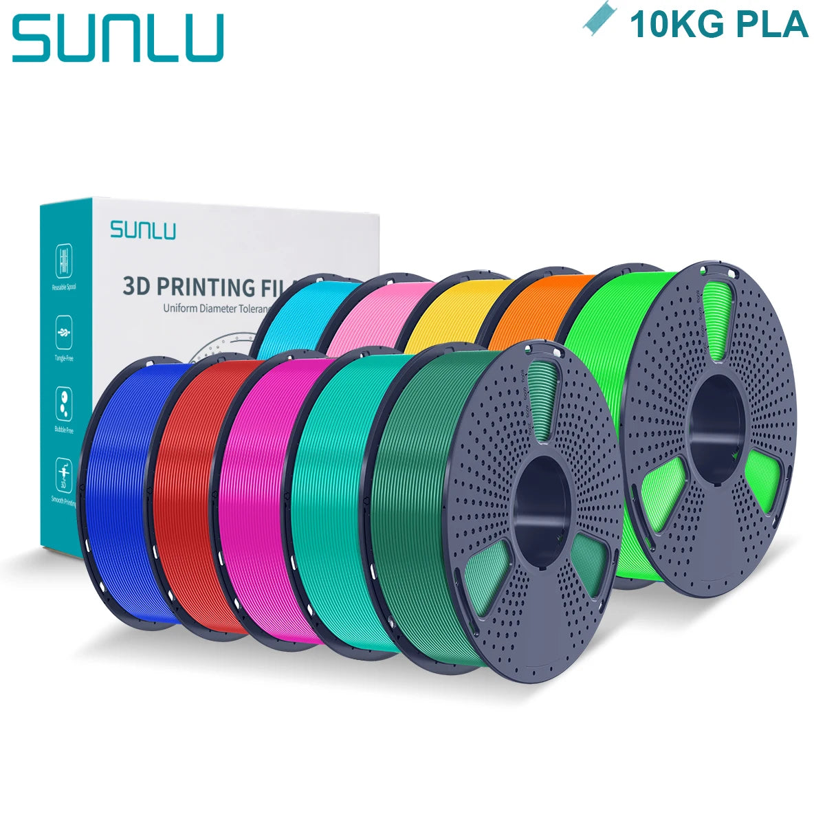 SUNLU PLA 3D Printer Filament 1.75mm - 10 Rolls x 1KG | Neatly Wound