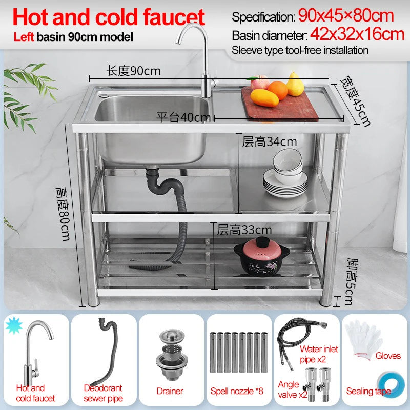 Stainless Steel Sink Kitchen Household Thickened Single Trough with Bracket Wash Basin Sink with Platform Easy Landing