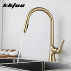 Brushed Gold Pull Out Kitchen Faucet Deck Mounted Stream Sprayer Hot and Cold Water Wash Sink Mixer Tap Brass 360 Rotation Crane