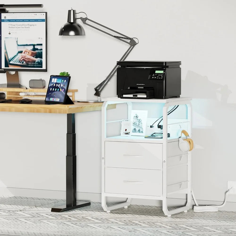 Bed Side Table with 3 Fabric Drawers,  LED Nightstand with Hooks, Bedside Table with Charging Station, End Table with Storage