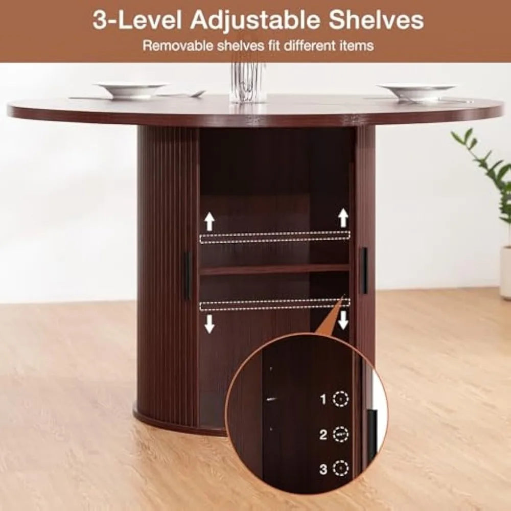 48'' Round Dining Table for 4-6 Kitchen Dining Table with Storage Dinner Room Table with 2-Layer Shelf and Wood Slide Door for