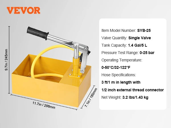 VEVOR Hydrostatic Test Pump Max 25bar Single/Dual Valve 1.4/2.8 Gal Tank Hydraulic Manual Water Pressure Tester Kit for Pipeline