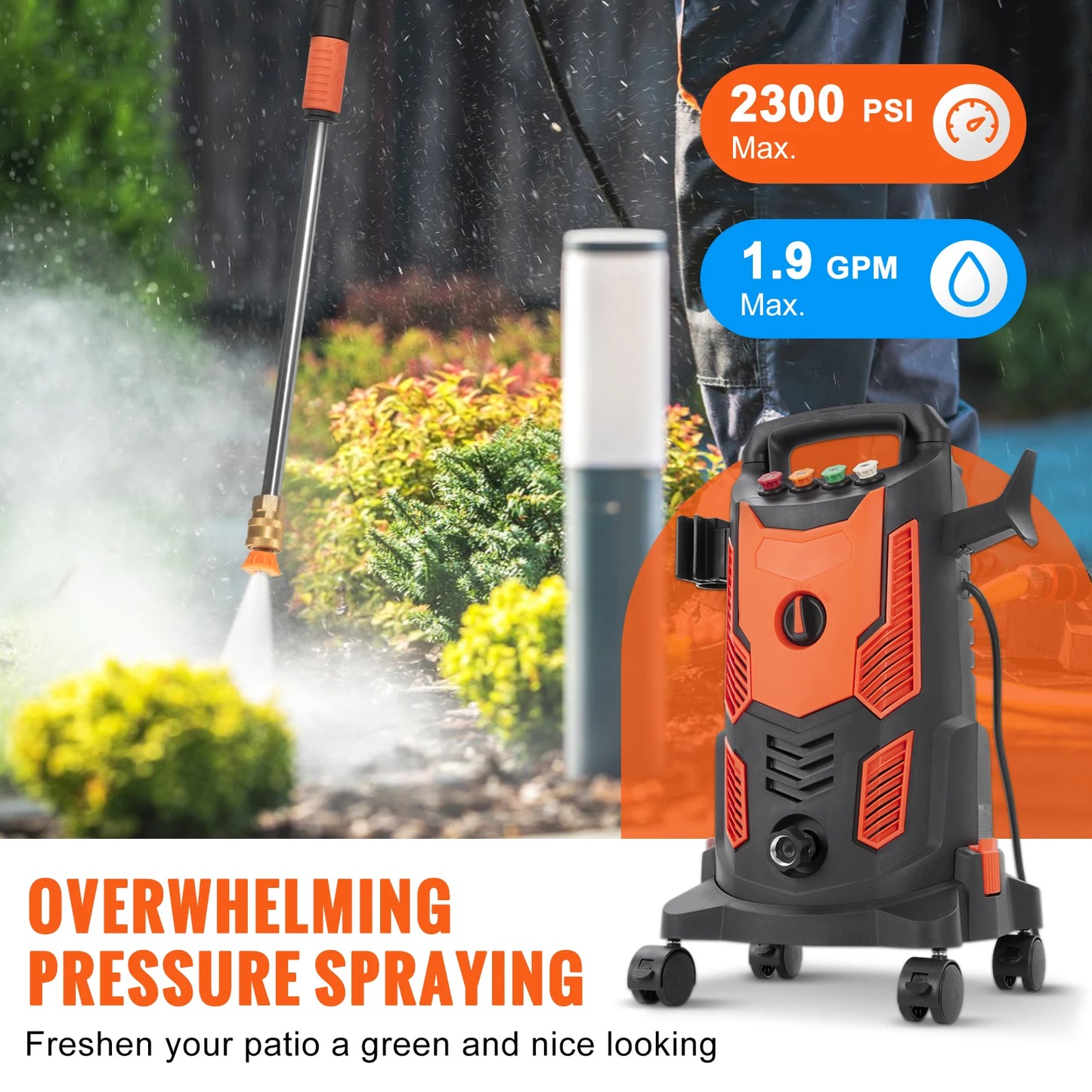 SucceBuy Electric Pressure Washer Power Washer Quick Connect Nozzles Foam Cannon Retractable Handle for Portable to Clean Patios