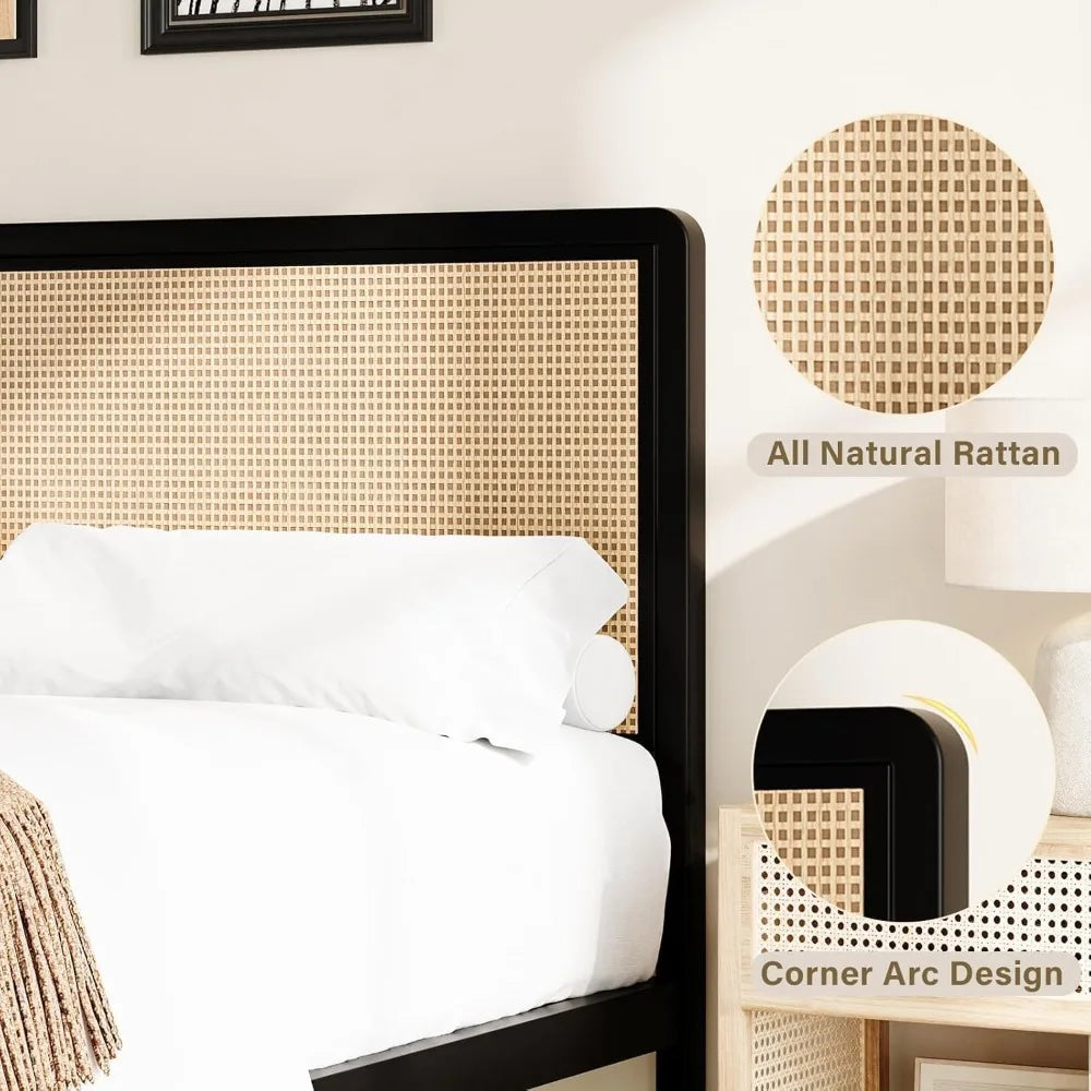 Rattan Queen Bed Frame with Headboard, Metal Platform Bed Frame Queen Size, Strong Steel Slats Support, No Box Spring Needed