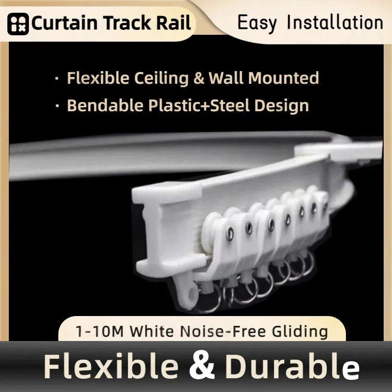 Flexible Ceiling & Wall Mounted Curtain Track Rail Bendable Plastic Steel Design for Bay Windows/Balcony 1-10M White Noise-Free