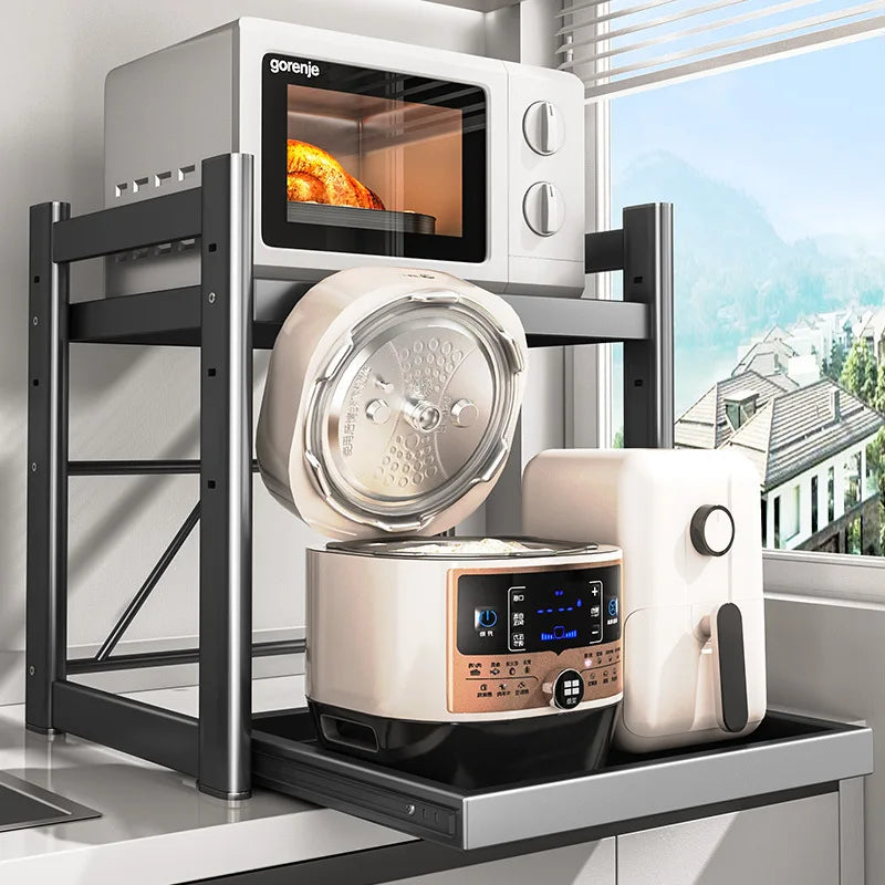 Kitchen Countertop Storage Rack with Sliding Drawer for Microwave Oven Air Fryer Rice Cooker Organization and Storage Use