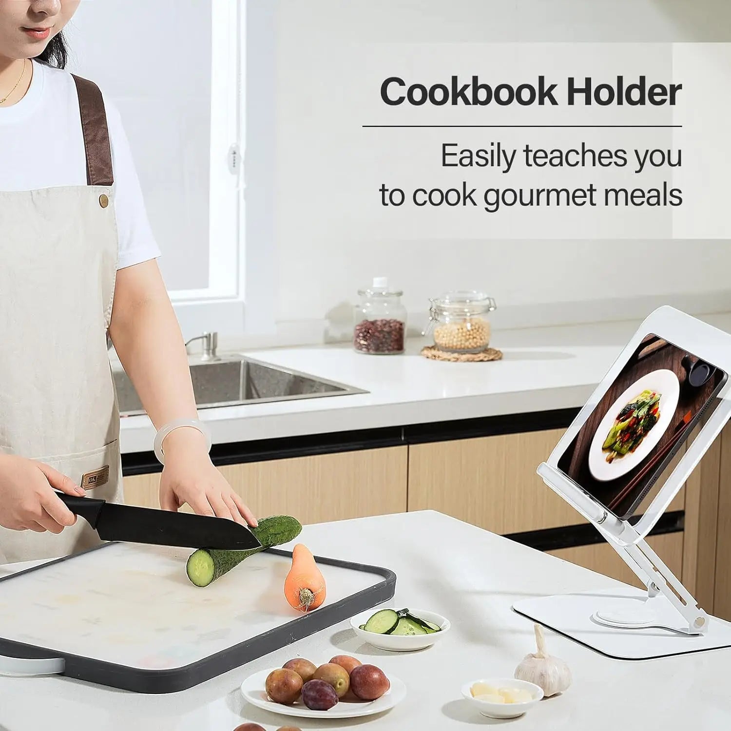 Book Stand for Reading, Adjustable Book Holder with 360° Rotating Base & Elastic Page Clips, Foldable Cookbook Stand for Office