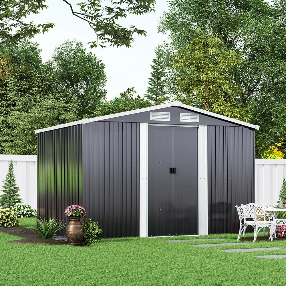 【Breeins】6 X 8 FT Black Outdoor Storage Shed, Metal Large Shed Garden with Air Vent, 2 Slide Door