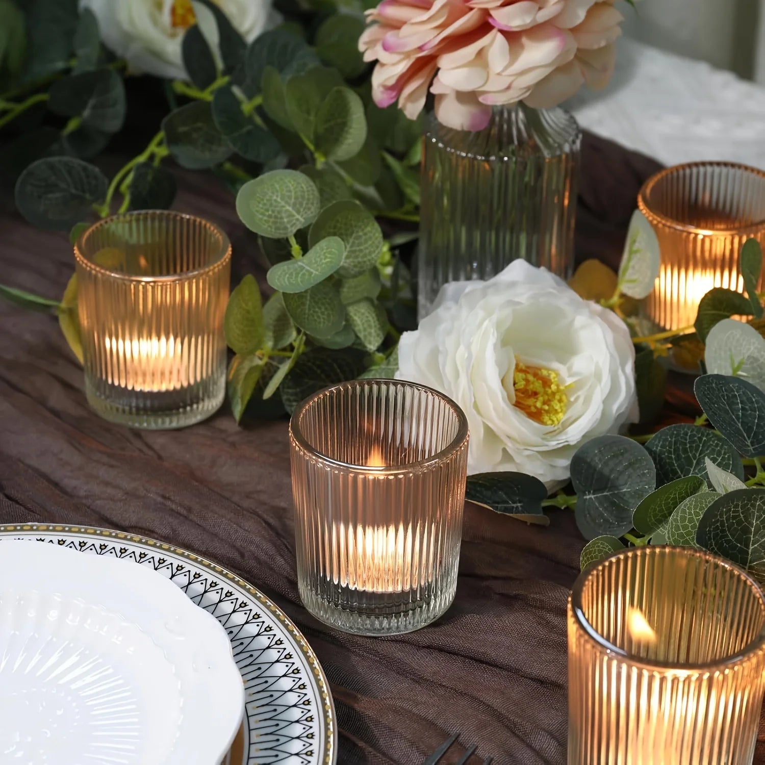12-piece Candle Holder for Wedding Decoration, Clear Glass Tealight Candlestick, Vintage Striped Tealight Candle Holder