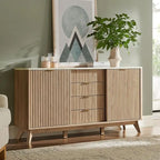 60" Fluted Dresser with Sliding Doors and 4 Drawers, Modern Chest w/Faux Marble Top, Curved Profile Design, Dresser