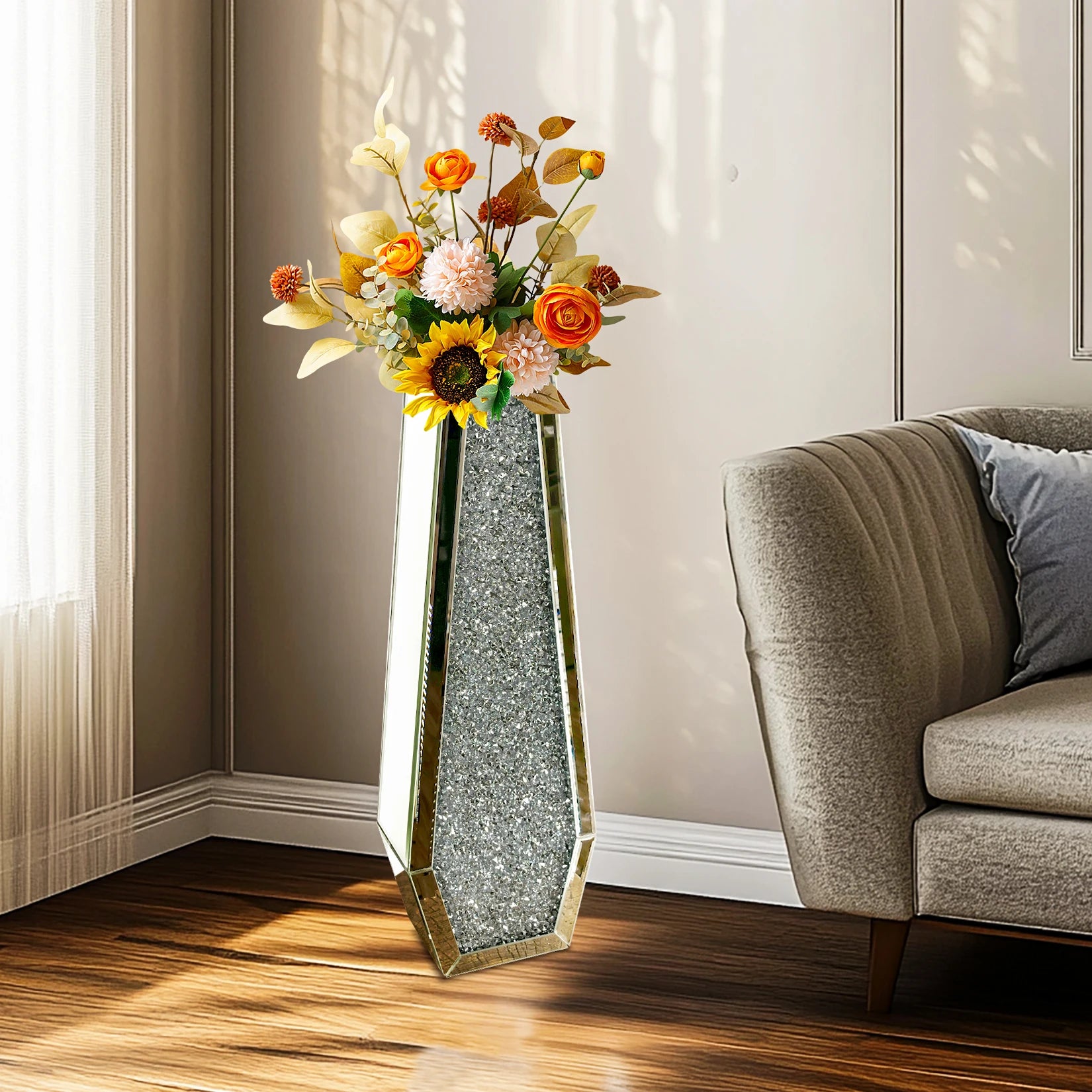 2 Shapes 68CM Crushed Diamond Decorative Mirrored Floor Vase Crystal Silver Glass Flower Vase for Pampas Grass Artificial Flower