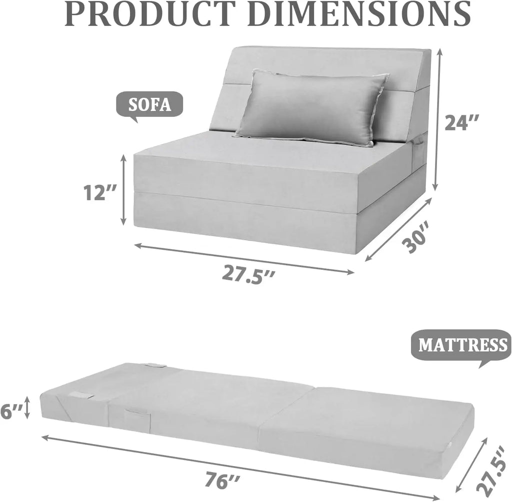 5 In 1 Folding Sofa Bed, Single Size Convertible Sleeper Chair With Pillow, Memory Foam Futon Couch, Velvet Fabric Washable