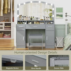Large Vanity with Mirror and Light,Gray Dressing Table Set with 3 Drawers, 2 Cabinets and 10 LED Bulbs Dresser with Stool for W