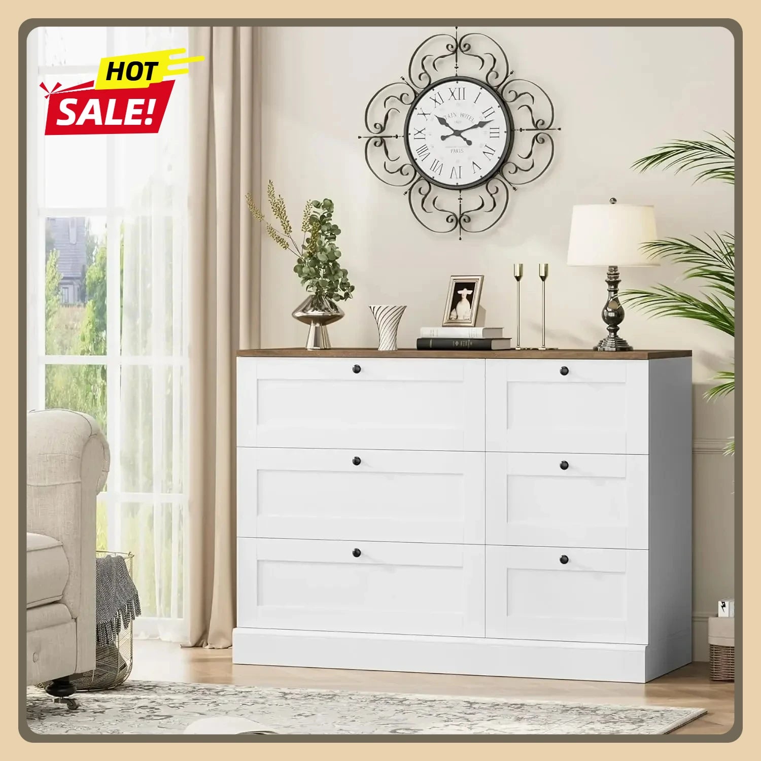6 Drawer Dresser, White Dresser for Bedroom, Wood Chest of Drawers, Modern Farmhouse Drawer Chest, Wide Double Dresser