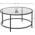 36" Round Glass Coffee Table, Black Circle Coffee Table Center Table with Glass Top, Small Coffee Table