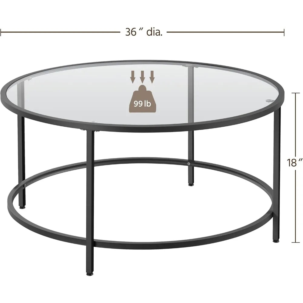 36" Round Glass Coffee Table, Black Circle Coffee Table Center Table with Glass Top, Small Coffee Table