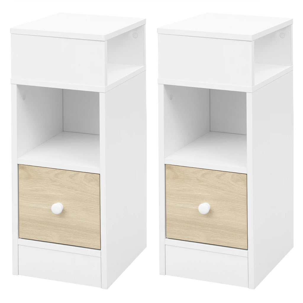 2PCs Bedroom Bedside Table with 2Open Shelves 1Drawer 25x66x30cm Slim Small Storage Cabinet Nightstand Space-Saving Home Decor