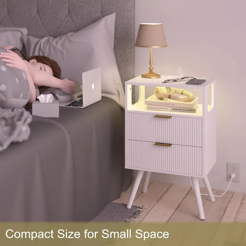 White Nightstand with Charging Station and Lights,Modern Bedside Table with 2 Storage Drawer and Open Wood Shelf
