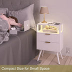White Nightstand with Charging Station and Lights,Modern Bedside Table with 2 Storage Drawer and Open Wood Shelf