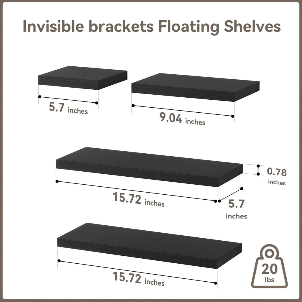 Floating Shelves with Invisible Bracket, Rustic Wood Wall Mounted Shelves Set of 4, Hanging Wall Shelves Display for Room Wall D