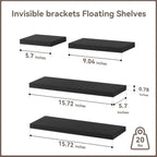 Floating Shelves with Invisible Bracket, Rustic Wood Wall Mounted Shelves Set of 4, Hanging Wall Shelves Display for Room Wall D