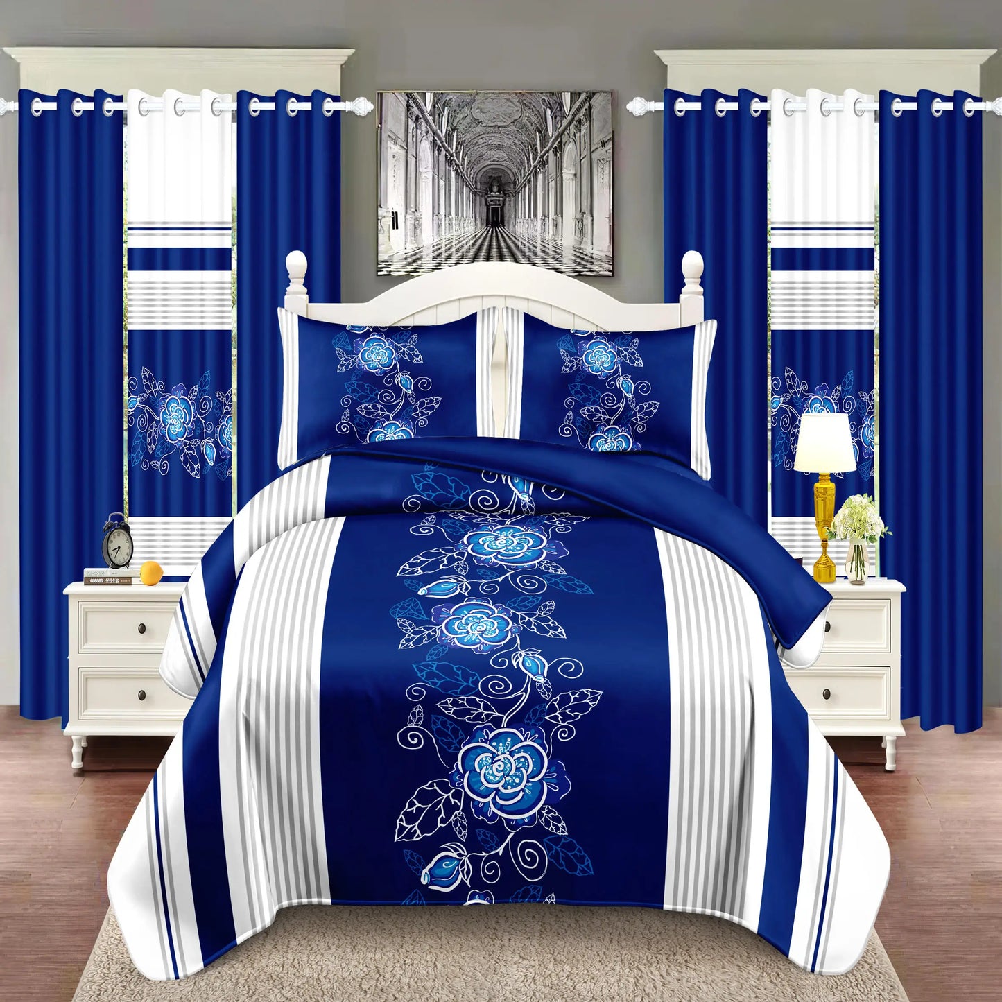 Royberry 9 Piece Thick Bedspread Set, Blue and White Flower, Inner Filling, Warmth, 3 Piece (1 * Bedspread, 2 * Pillowcase) 6 Piece Curtain Set (2 * Printed Curtain, 4 * Solid Curtain) Bedroom, Guest Room, Rv, Holiday Gift, 8