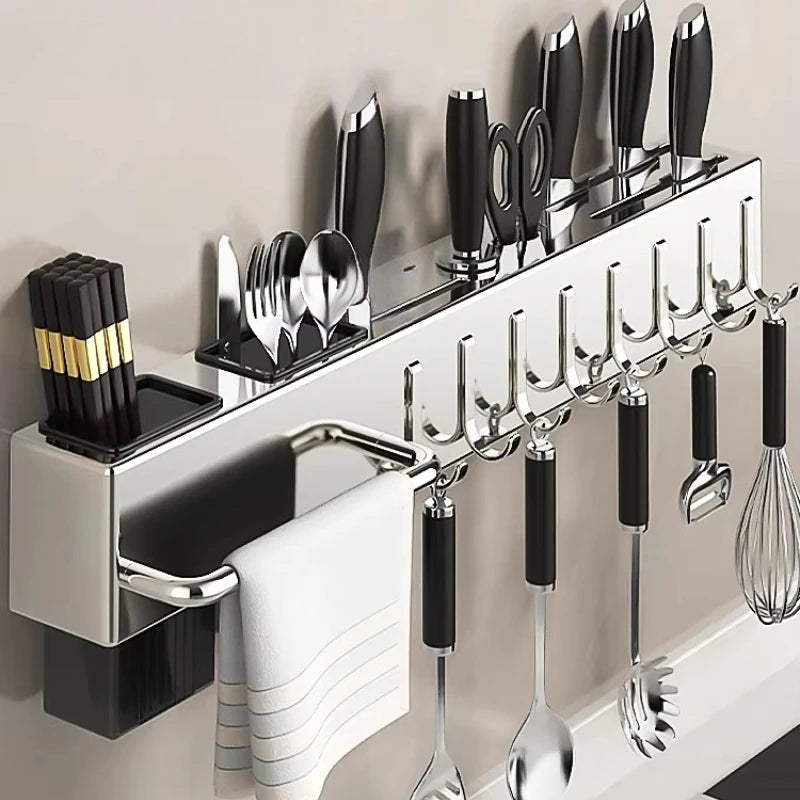 Stainless Steel Wall-Mounted Knife Rack No-Drill Kitchen Utensil Holder Chopstick Organizer All-In-One Storage Shelf for Home