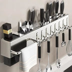 Stainless Steel Wall-Mounted Knife Rack No-Drill Kitchen Utensil Holder Chopstick Organizer All-In-One Storage Shelf for Home