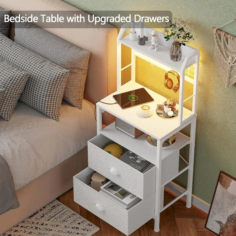 41'' Tall Nightstand with Charging Station, Bedside Table with LED Lights, End Table with 2 Drawers and Storage Shelves