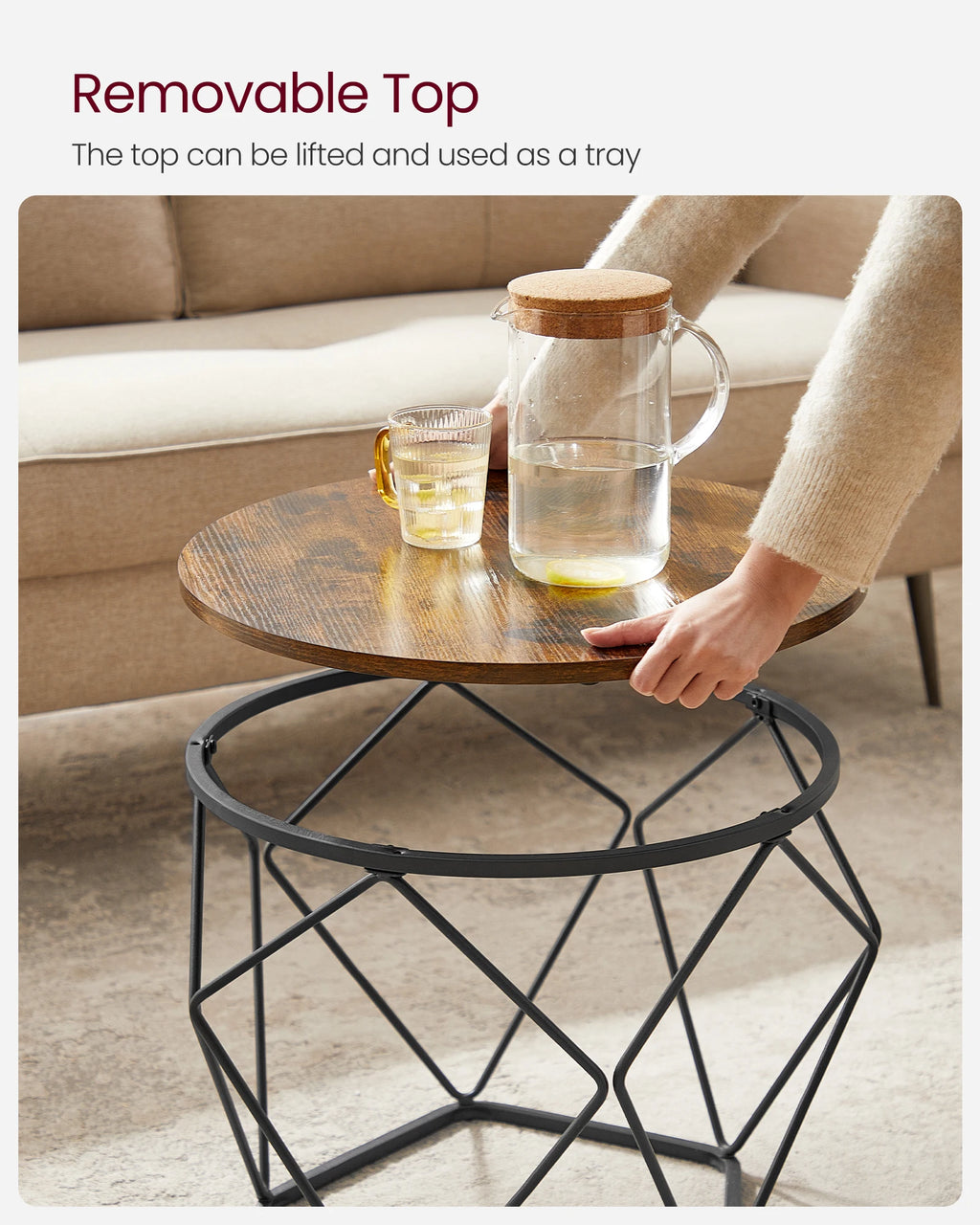 VASAGLE Small Coffee Table Set of 2, Round Coffee Table with Steel Frame, Side End Table for Living Room, Bedroom, Office