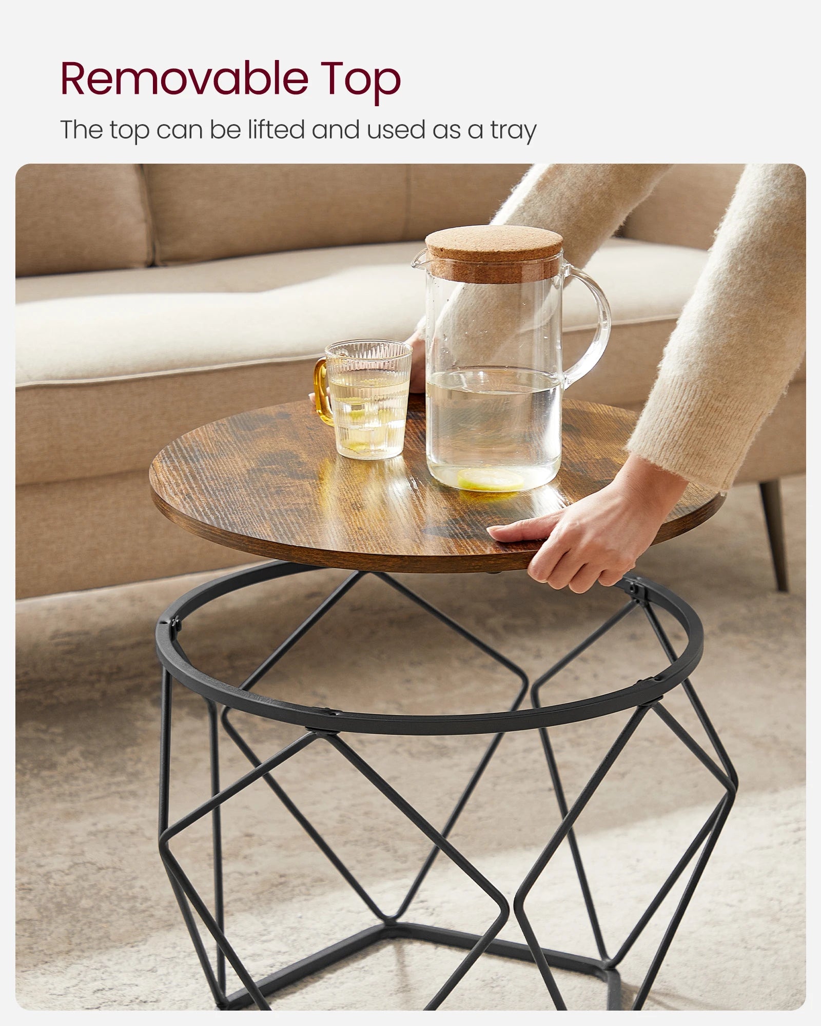 VASAGLE Small Coffee Table Set of 2, Round Coffee Table with Steel Frame, Side End Table for Living Room, Bedroom, Office