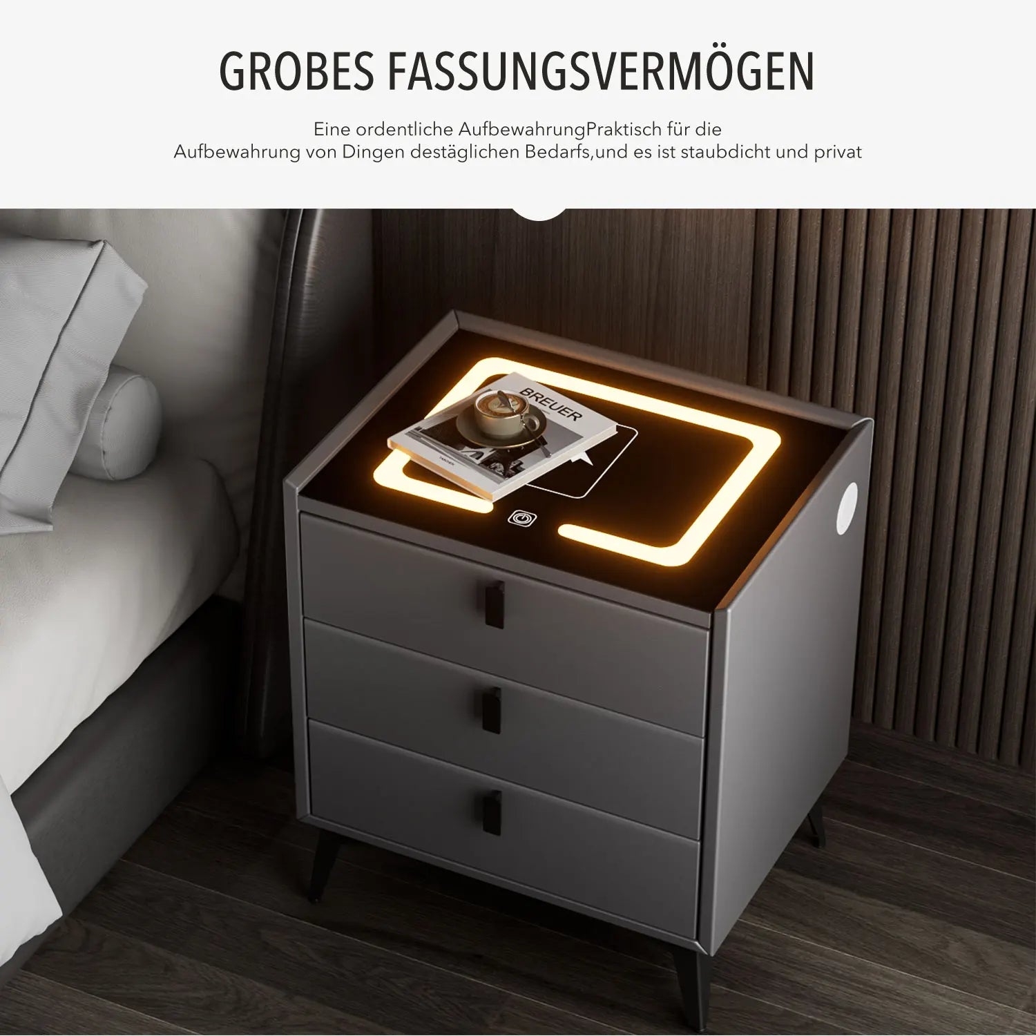 Smart Bedside Table White with Wireless Charging, Nightstand with LED Light, 3 Drawers Nightstand, Chest of Drawers for Living R
