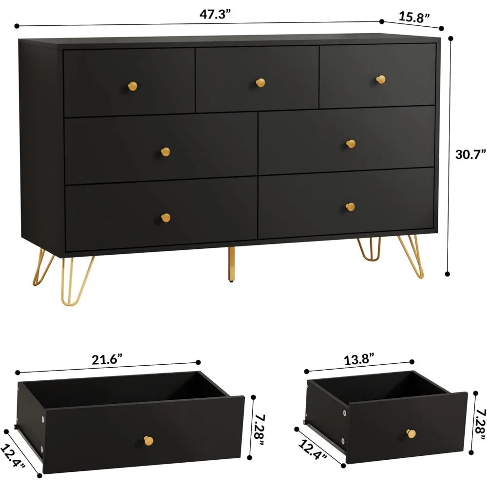 Black Dresser for Bedroom, Modern 7 Drawer Dresser with Gold Handles and Metal Legs, Black and Gold Dressers & Chest of Drawers