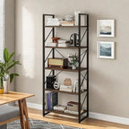 5 Tier Bookshelf Industrial Open Storage Organizer Freestanding Ladder Bookcase Durable Metal Frame Ample Display Space Home