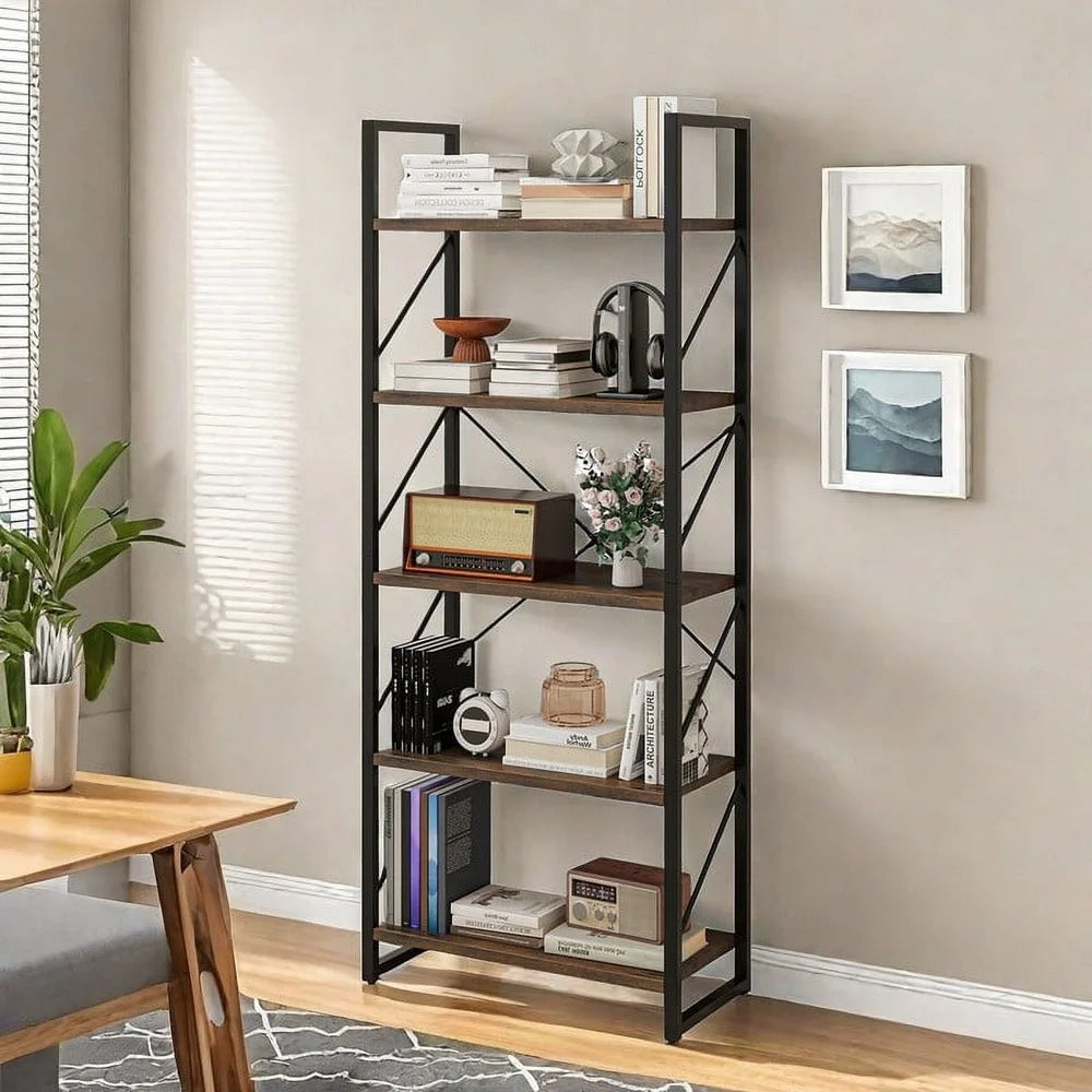 5 Tier Bookshelf Industrial Open Storage Organizer Freestanding Ladder Bookcase Durable Metal Frame Ample Display Space Home