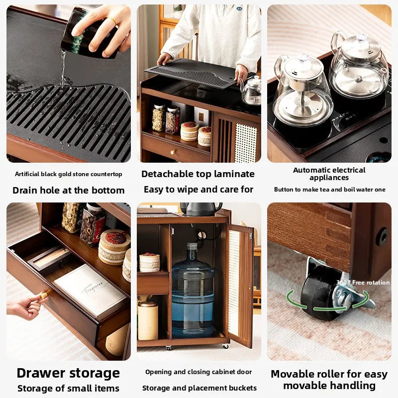 Mobile tea table Small tea table Kettle integrated tea cabinet Solid wood coffee table Tea cart Brewing tea table