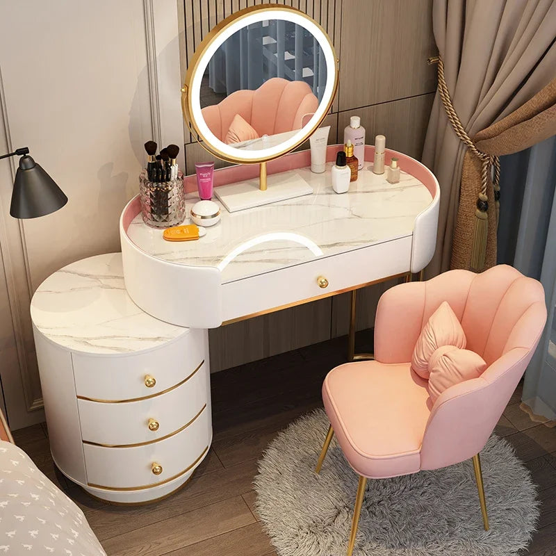 Pink White Vanity Table Women Luxury Nail European Big Stool Study Dressing Table Organizer Mesa De Maquillaje Home Furniture