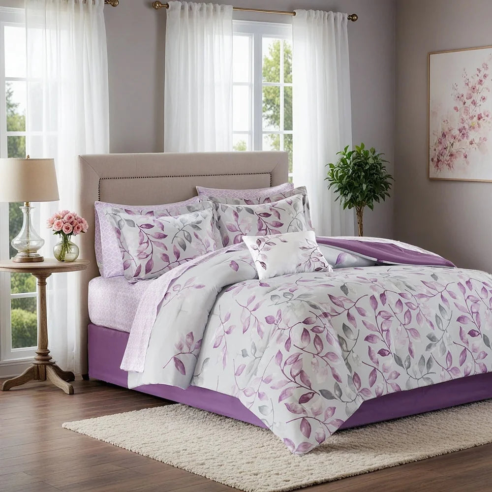California King 9 Piece Botanical Comforter Set Cotton Bed in A Bag with Bedskirt Floral Design Elegant Shams Decorative Pillow