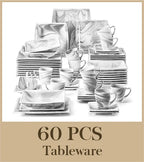MALACASA 30/60PCS Marble Grey Porcelain Tableware Dinnerware Set with 6PCS Dessert/Soup/Dinner Plate/Cup/Saucer,Service for 12