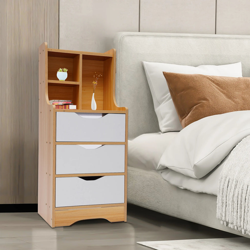 37*30*85cm White Nightstand 3 Drawers with Open Storage Cabinet, Nightstand Bedside Tables with Storage for Bedroom