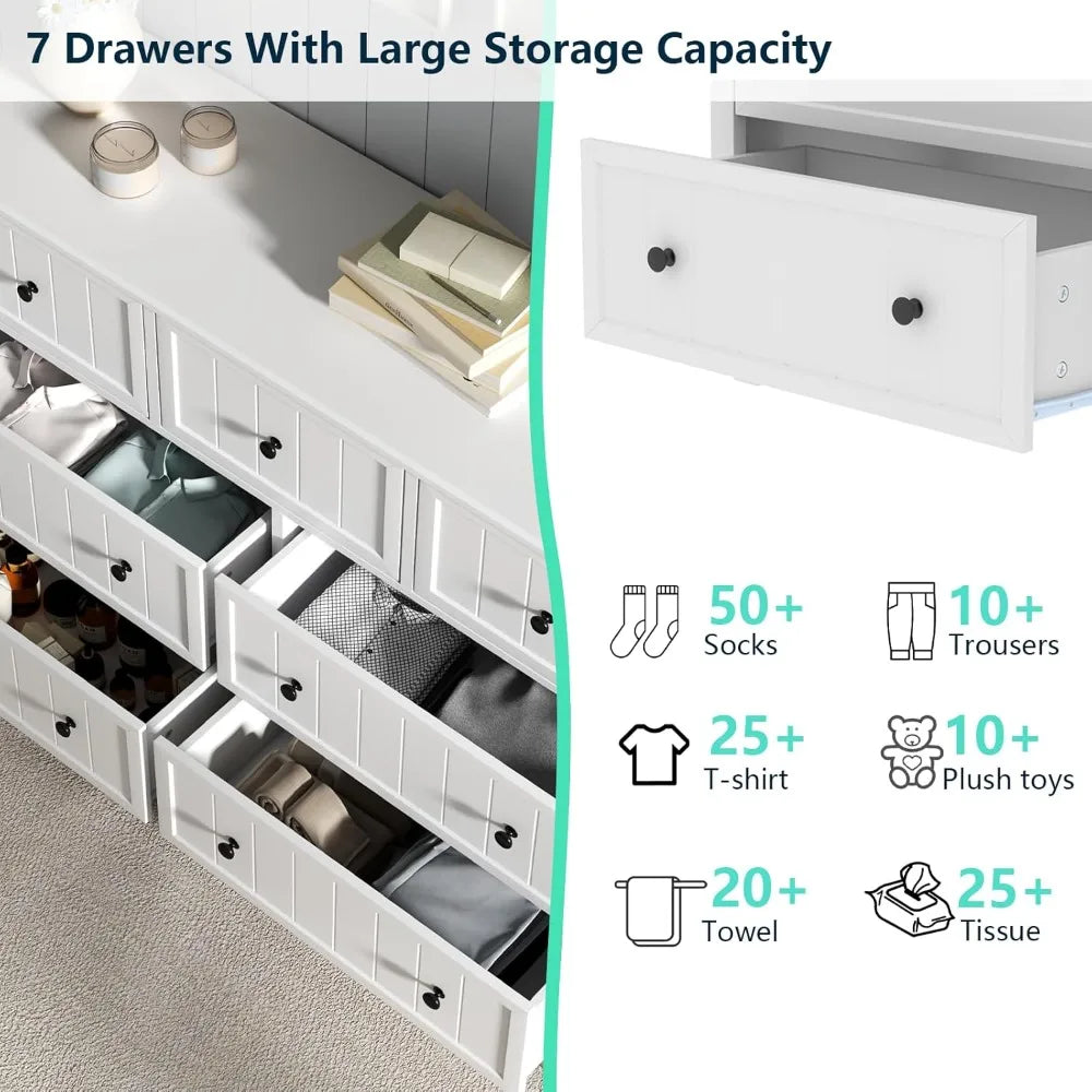 Farmhouse 7 Drawers Dresser for Bedroom, White Dresser Chest of Drawers, Wood Storage Dressers with Deep Drawers and Metal Handl