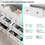 Farmhouse 7 Drawers Dresser for Bedroom, White Dresser Chest of Drawers, Wood Storage Dressers with Deep Drawers and Metal Handl