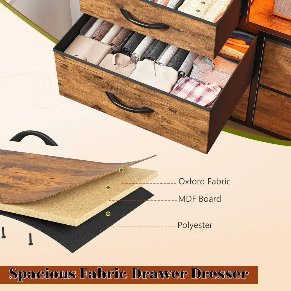 Dresser with LED Lights & Power Outlets, 12 Drawers Dresser TV Stand for 60''TV for Bedroom Dresser Fabric Dressers & Chest