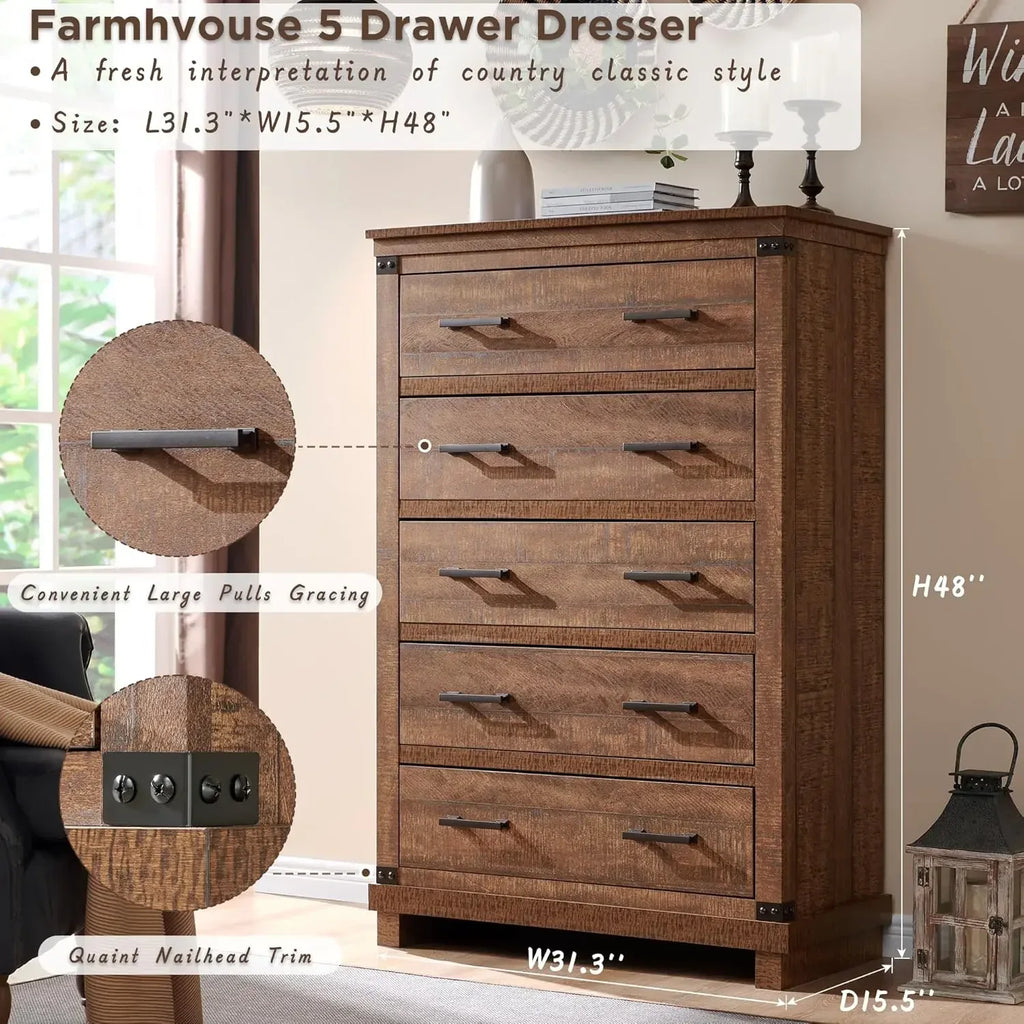 Farmhouse 5 Drawers Dresser for Bedroom, Tall Chest of Drawers with Thick Plank Styling, Wood Rustic Closet Dresser for Bedroom