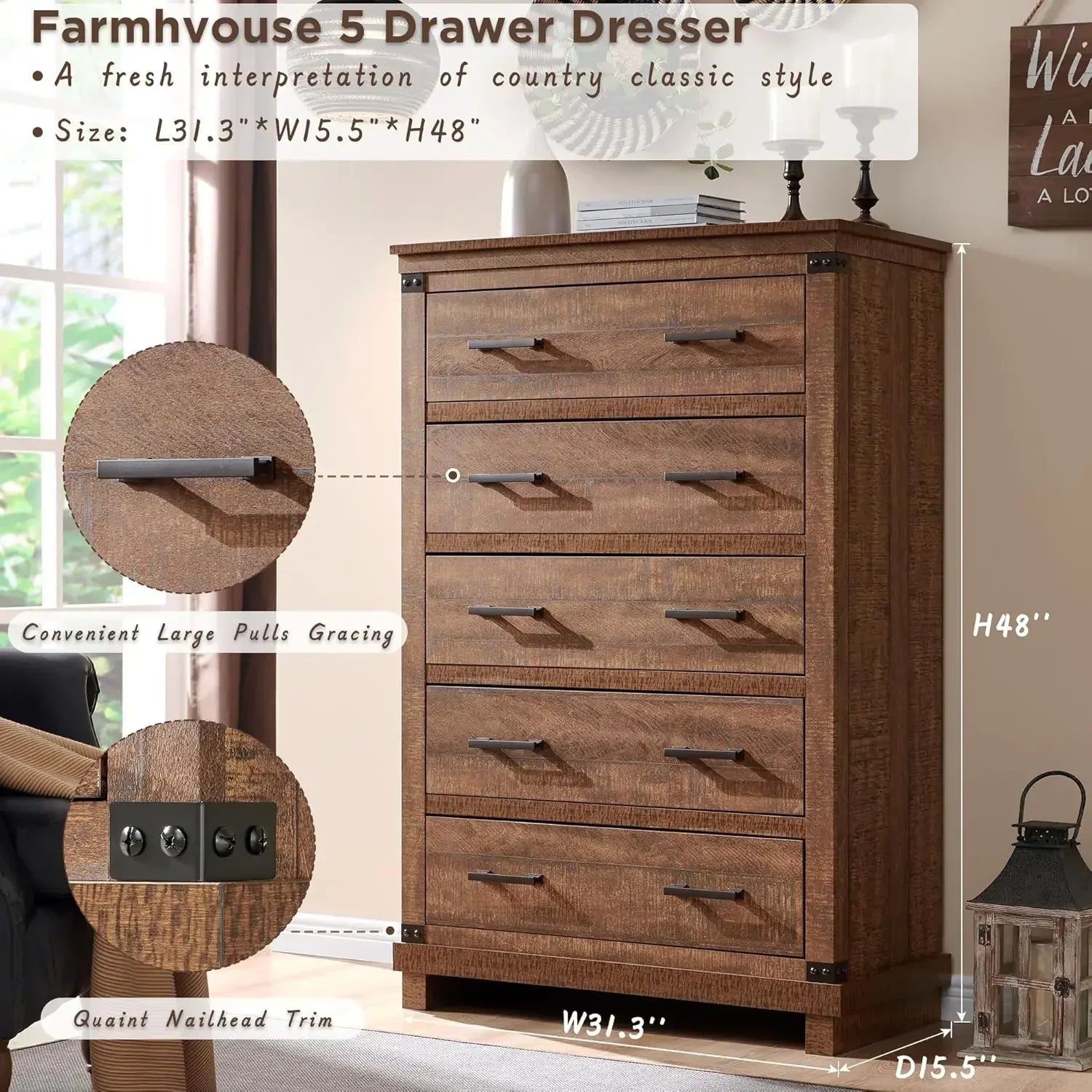 Farmhouse 5 Drawers Dresser for Bedroom, Tall Chest of Drawers with Thick Plank Styling, Wood Rustic Closet Dresser for Bedroom