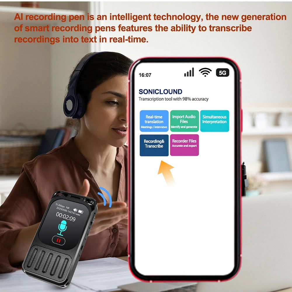 Vandlion V78 AI Voice Recorder Real-Time Translation Voice To Text Blue Tooth Connect Touchable Screen 79H Long Time Recorder