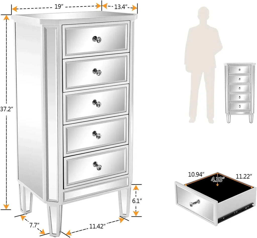 Mirrored Dresser 5 Drawers Modern Chest, Mirrored Chest of Drawers, Glass Dresser for Bedroom, Dressing Room, Living Room,Silver