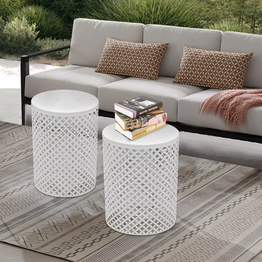 2PCS White Iron Side Table Modern Frame Accent Table Cylindrical Openwork Pattern Metal End Table